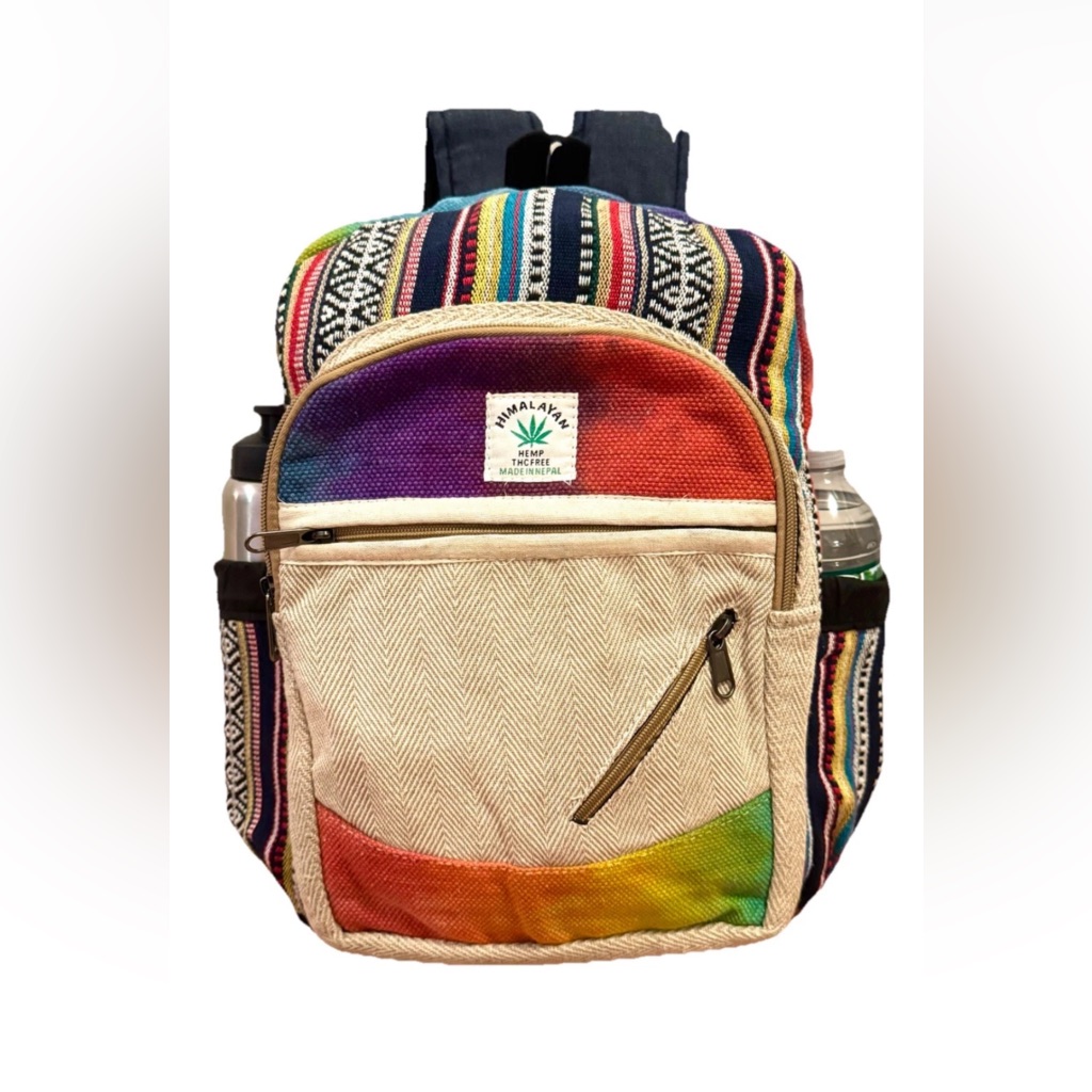Handcrafted & Multicolor Hemp & Cotton Backpack For Outdoor Activities 17âBy 14â